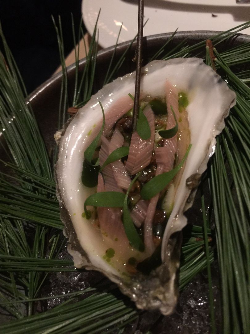 Luscious oyster with pine comes on the Land & Sea tasting or by itself in an offering called “snacks.”