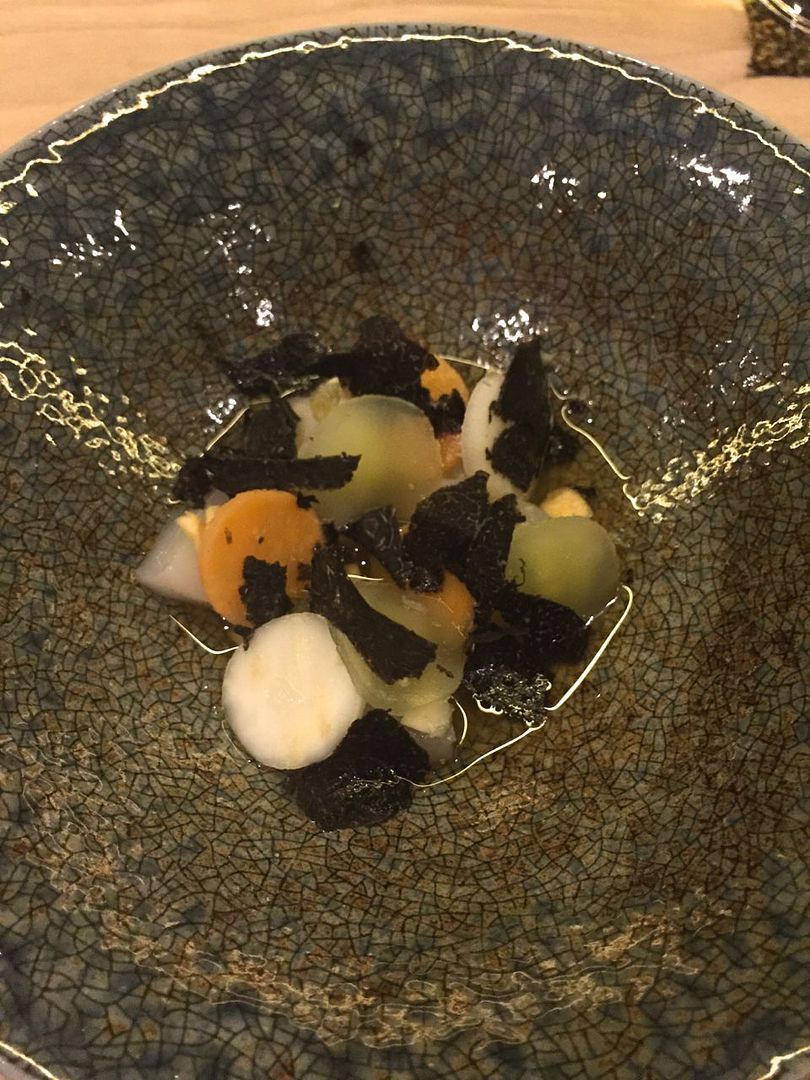 From the Kaiseki chorus: scallops with pickled carrot and celery root, pumpkin seeds and truffle