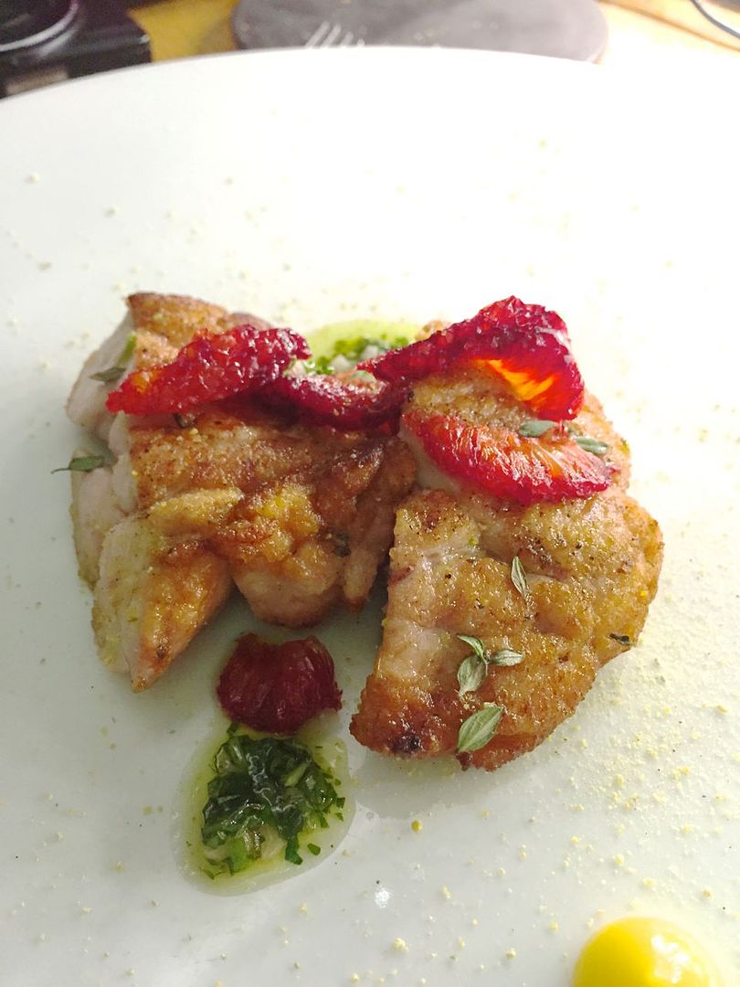 Blood orange gets twisted to give contrast Chef Mendes wants with smoked and crisped sweetbreads.