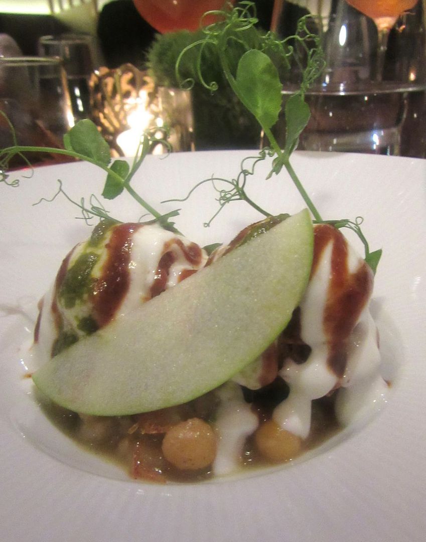 Indian Accent’s potato sphere chaat with white pea mash is as delicious as it looks.