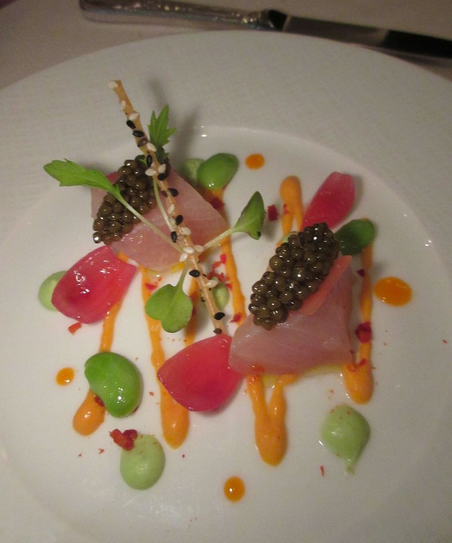 I love the tang of citrus cured Hamachi with sweet pepper coulis and yuzu vinaigrette.