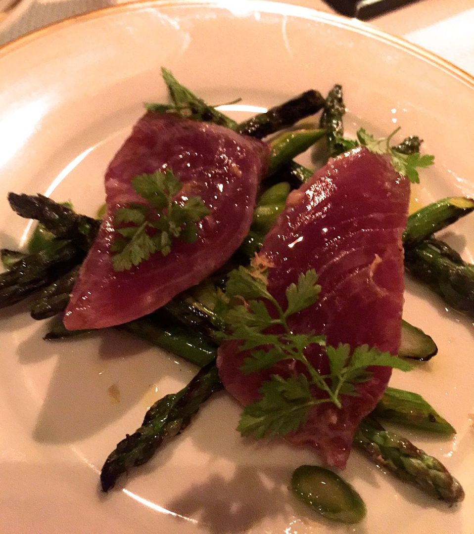 Grilled asparagus and seared bonito painted with smoked wood vinegar.