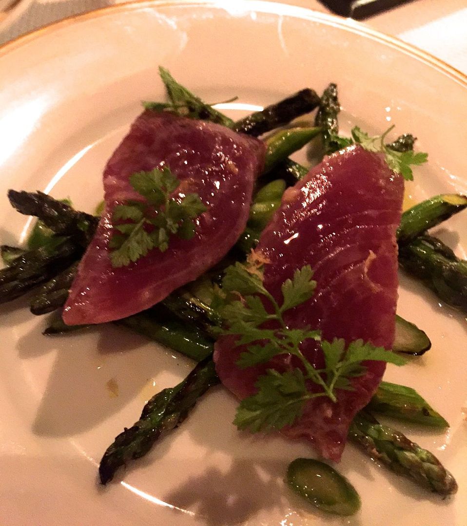 Grilled asparagus and seared bonito painted with smoked wood vinegar.