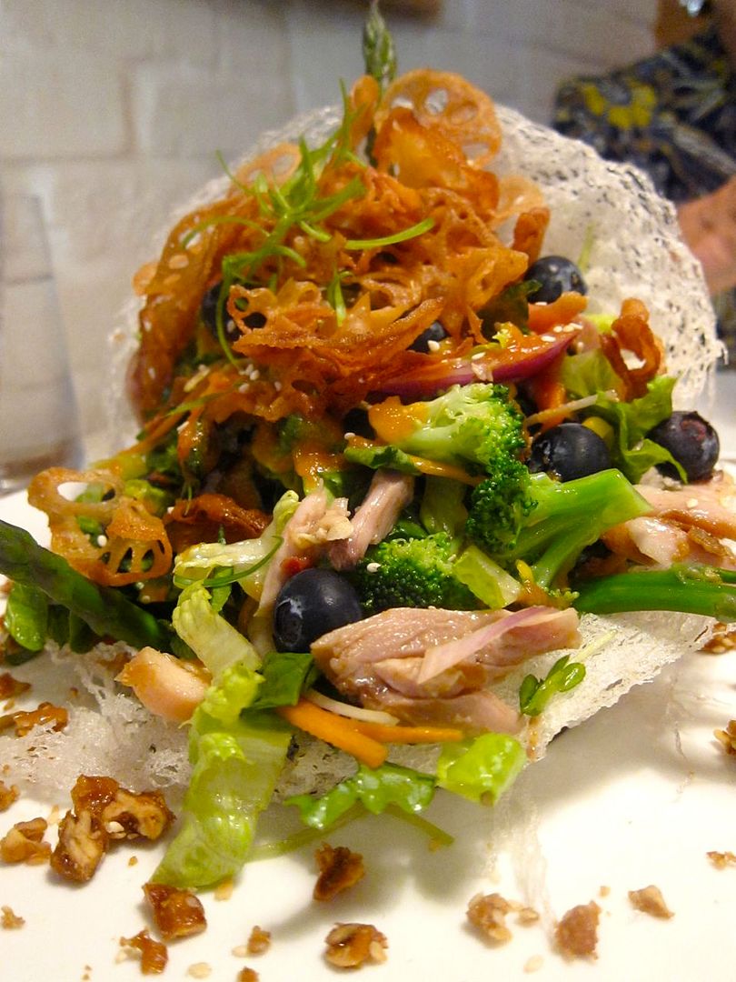 I just rediscovered the Red Farm chicken salad with fried lotus root and blueberries at lunch, recently.
