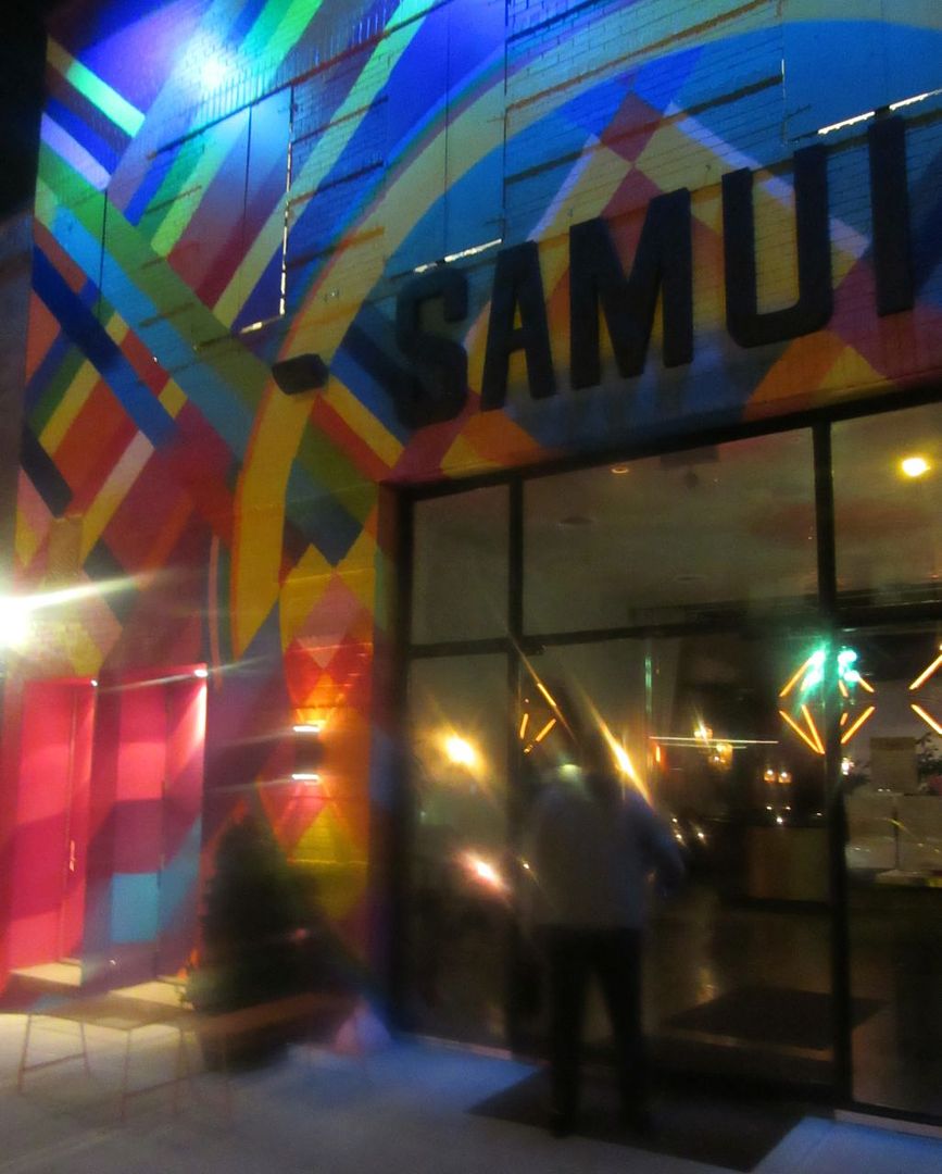 I stand outside, mesmerized by the flashing rainbow of lights on the façade of Samui.